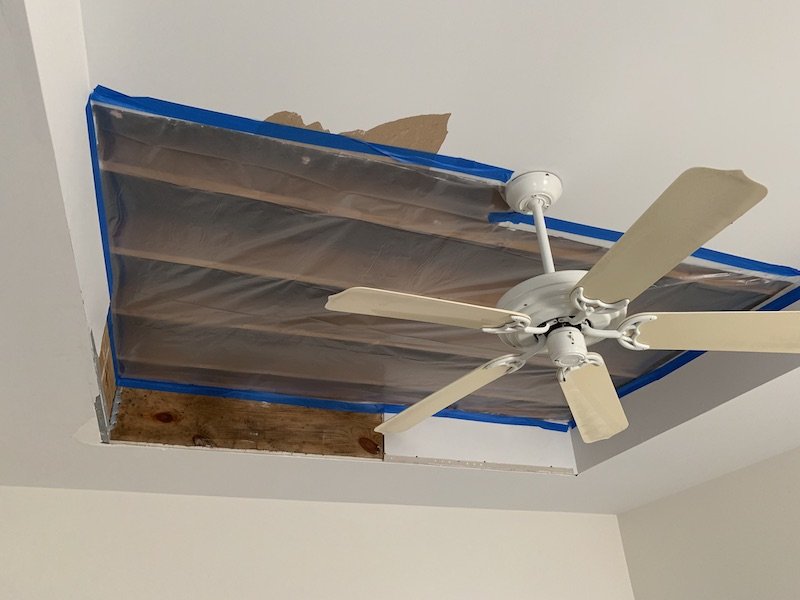Master bedroom ceiling fell, is sealed with plastic