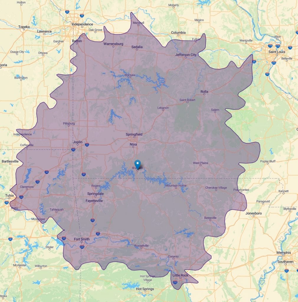 Map showing area cook roofing co serves from tulsa, ok to kansas city to st louis, columbia, and little rock